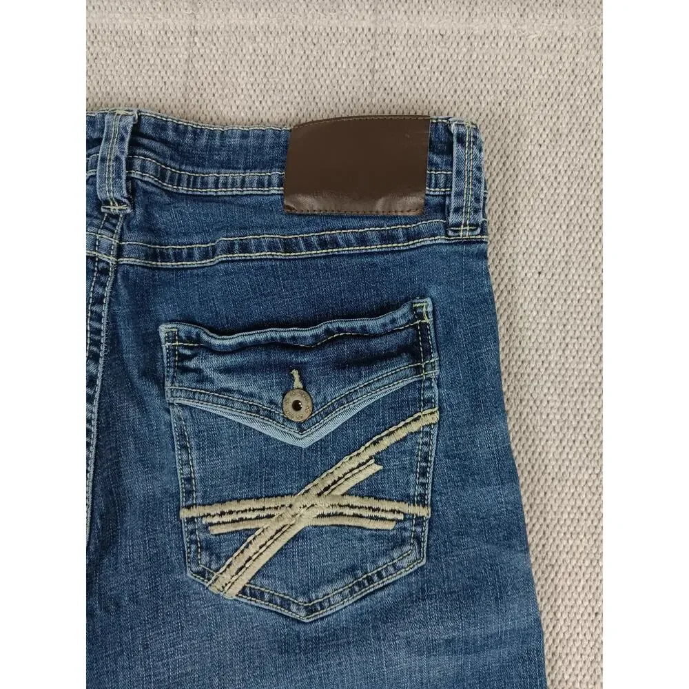 T.K. Axel Slim Boot Jeans Mens 34X31 Blue Embroidered Flaps Western Thick Stitch